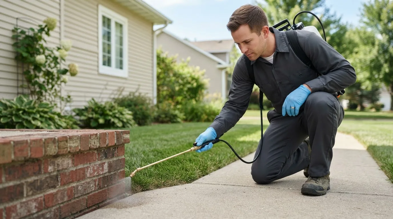 Pest control technician treating a home near Illinois City, IL
