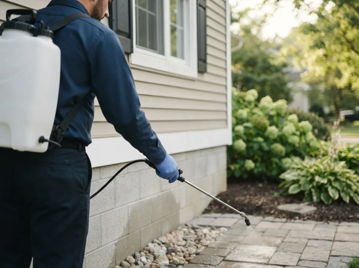 Pest control technician inspecting a home in Illinois City, IL